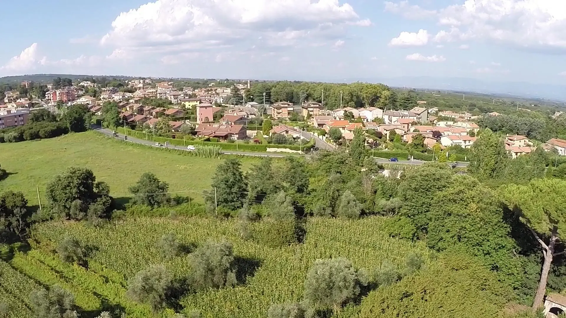Il borgo di Ronciglione visto dal Casale Fedele, oltre i campi e il noccioleto